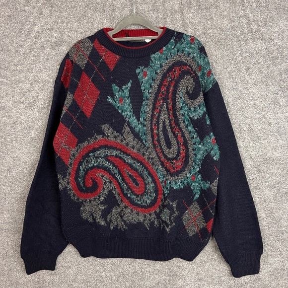 Vintage Metropolis Sweater Mens Crew Neck Argyle Paisley Pattern Knit Large - Picture 1 of 10